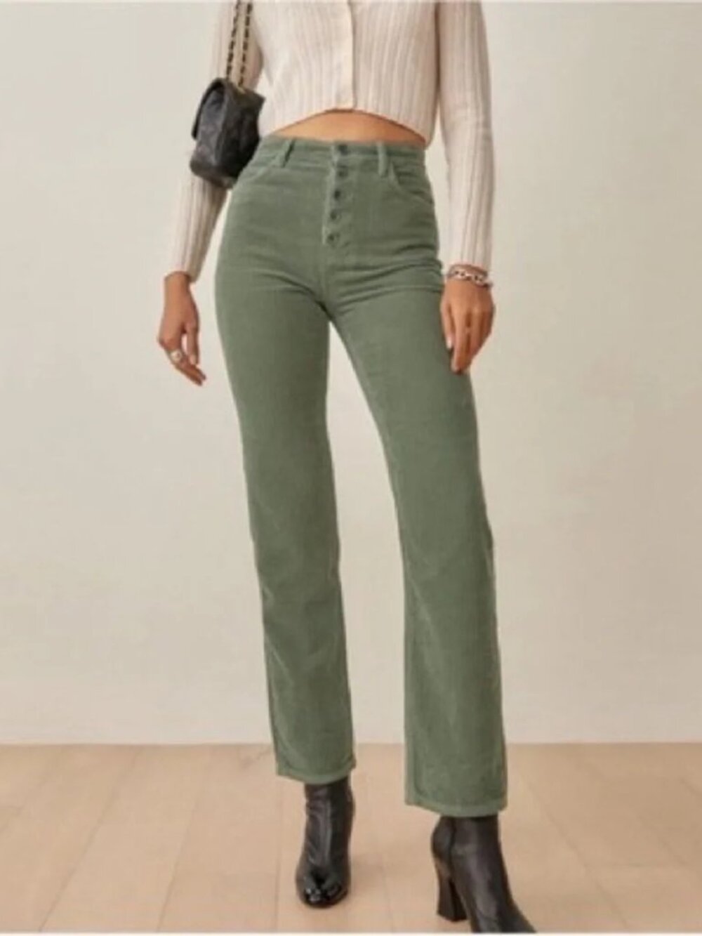 Reformation Cynthia Button Fly High Rise Straight Corduroy Pants Size 27 Moss